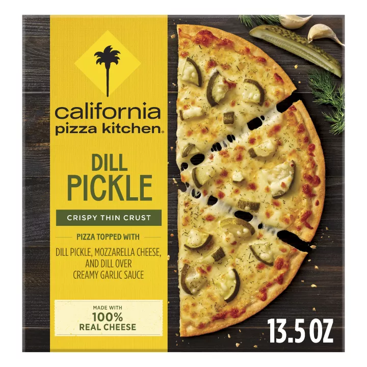 Front Center view of California Pizza Kitchen Crispy Thin Crust Pickle Frozen Pizza 12 in 13.5 oz Box NET WT 13.5 oz (383 g) product.
