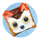 Chocolate toast looks like a Fox with blueberries for eyes and nose and sliced strawberries for ears, on a blue backgroud