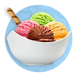 Close up of white bowl filled with four colorful scoops of ice cream, on a blue background.