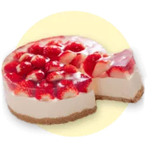 Un cheesecake rebanado cubierto de fresas sobre un círculo amarillo.