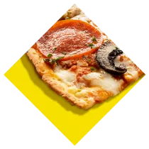 A yellow diamond shows a corner of the cauliflower crust uncured pepperoni and mushroom pizza.
