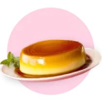 A plate of flan with mint garnish on a pink circle.