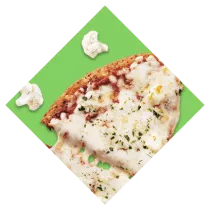 Artisianal Style Cheese Gluten Free Cauliflower Crust Pizza in a green diamond.