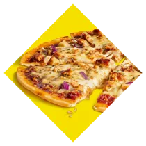 BBQ Chicken Crispy Thin Crust Pizza in a yellow diamond.
