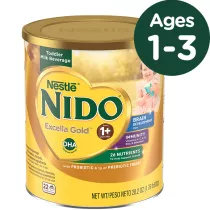 A green circle with “Ages 1-3” is in front of a NIDO Excella Gold canister
