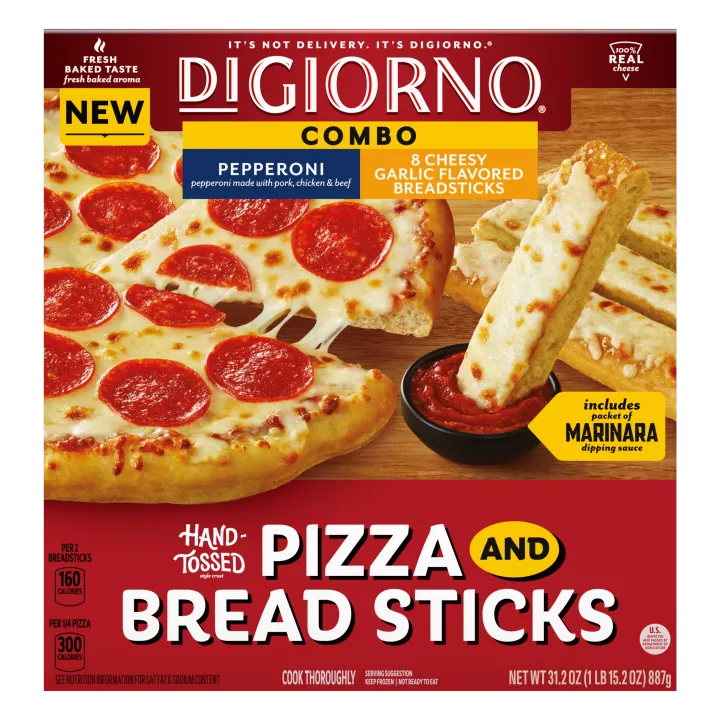 Caja roja con las etiquetas de DIGIORNO Hand-Tossed Pepperoni Pizza y Cheesy Garlic Breadsticks alineadas en el centro.