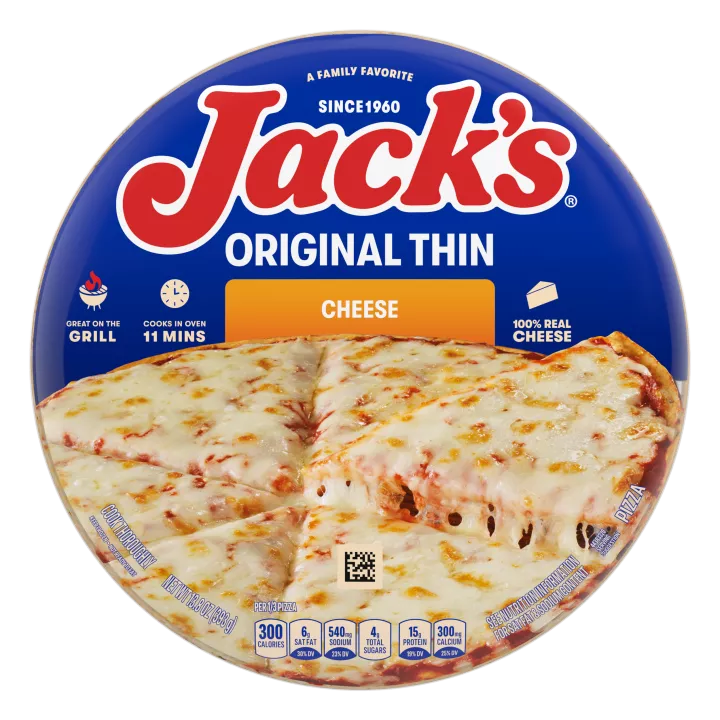 Un empaque de pizza de queso con una etiqueta naranja, una espátula que levanta una porción de pizza y el logotipo de Jack's sobre un fondo azul.