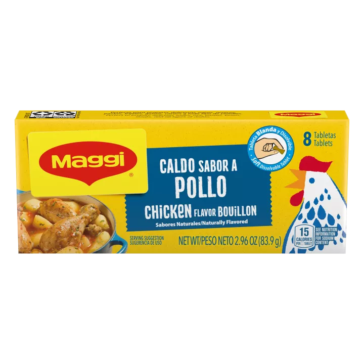 Vista frontal centrada de tabletas de caldo sabor pollo Maggi con PESO NETO 2.96 oz (83.9 g).