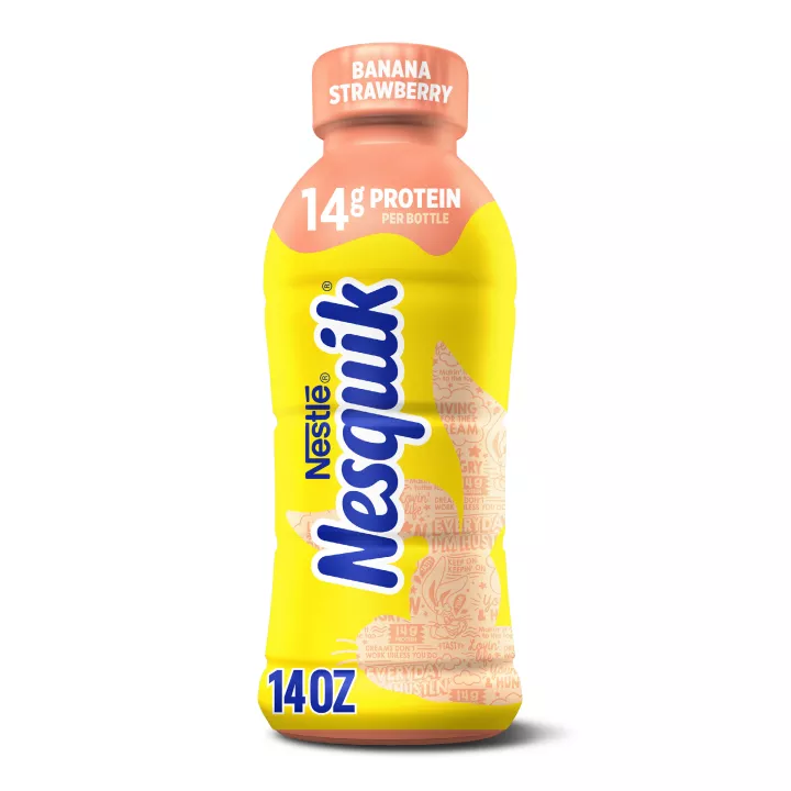 A yellow bottle with a pink cap and a pink silhouette of the Nesquik bunny’s head.