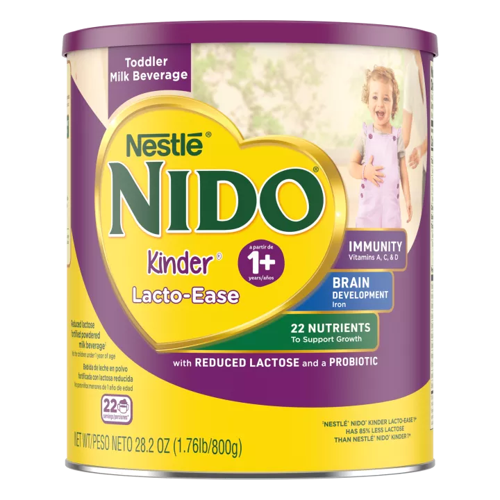 Imagen frontal centrada de una lata de 28.2 oz de bebida láctea en polvo NIDO 3+ con PESO NETO 28.2 oz (1.76 lb/800 g).