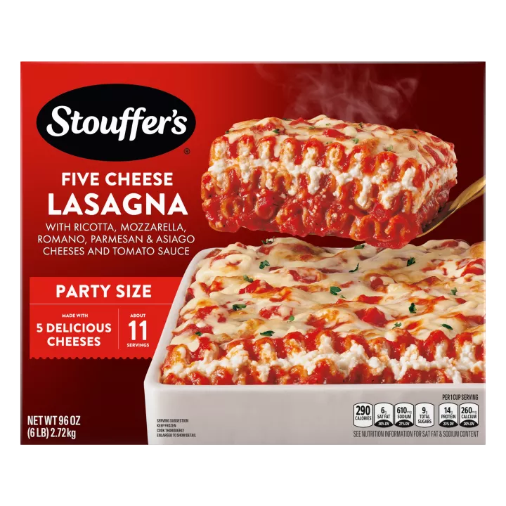 Box of Cheese Lovers Lasagna with a spatula lifting lasagna and made with 5 delicious cheeses and party size labels.