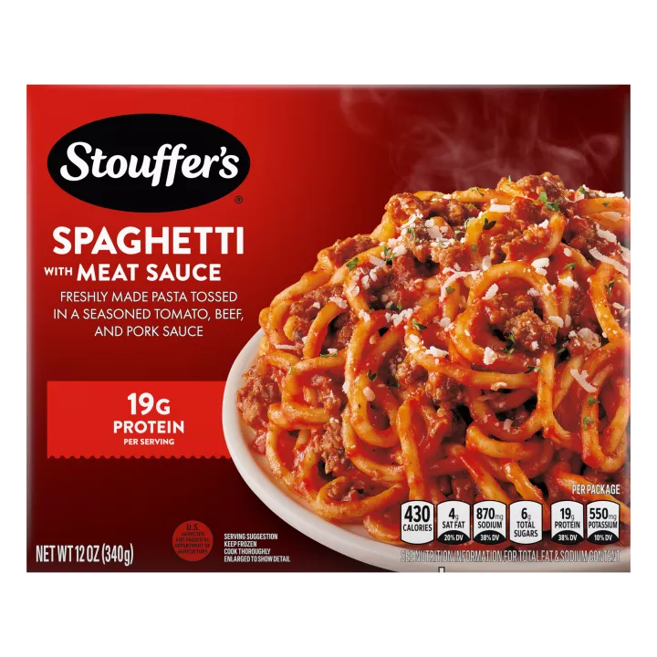 Box of Spaghetti with Meat Sauce featuring a plate of pasta under the product name and STOUFFER'S logo.