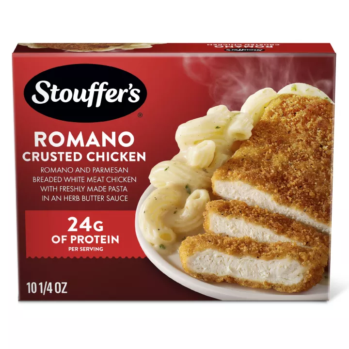 Front Center view of Stouffers Classics Romano Crusted Chicken Frozen Entrée 10.25oz Box 10 1/4 oz (290 g) product.