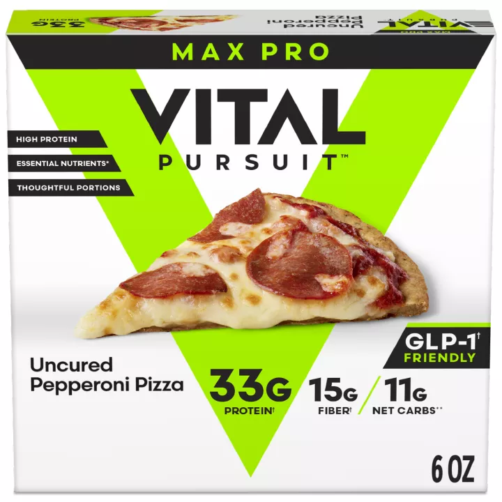 Front Center view of VITAL PURSUIT MAX PRO UNCURED PEPPERONI PIZZA NET WT 6 oz (170 g) product.