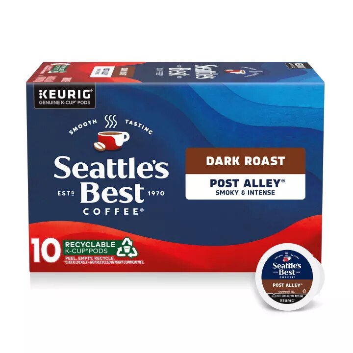 Front Center view of SEATTLE'S BEST COFFEE Ground Dark Roast Smooth Post Alley Blend 10 Count Pods 4oz Box product.