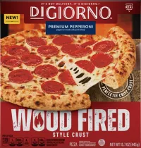 A red box of DiGiorno® Wood Fired Style Crust pizza with an image of a slice of pepperoni being pulled away.